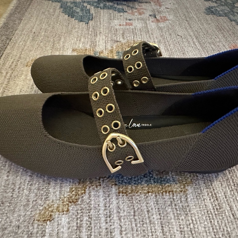 Rothy's Gold and Green Flats with Classic Mary Jane Design